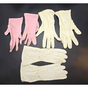 Vintage Womens Gloves Lot – Pink & White Scalloped & Embroidered Details jj4193